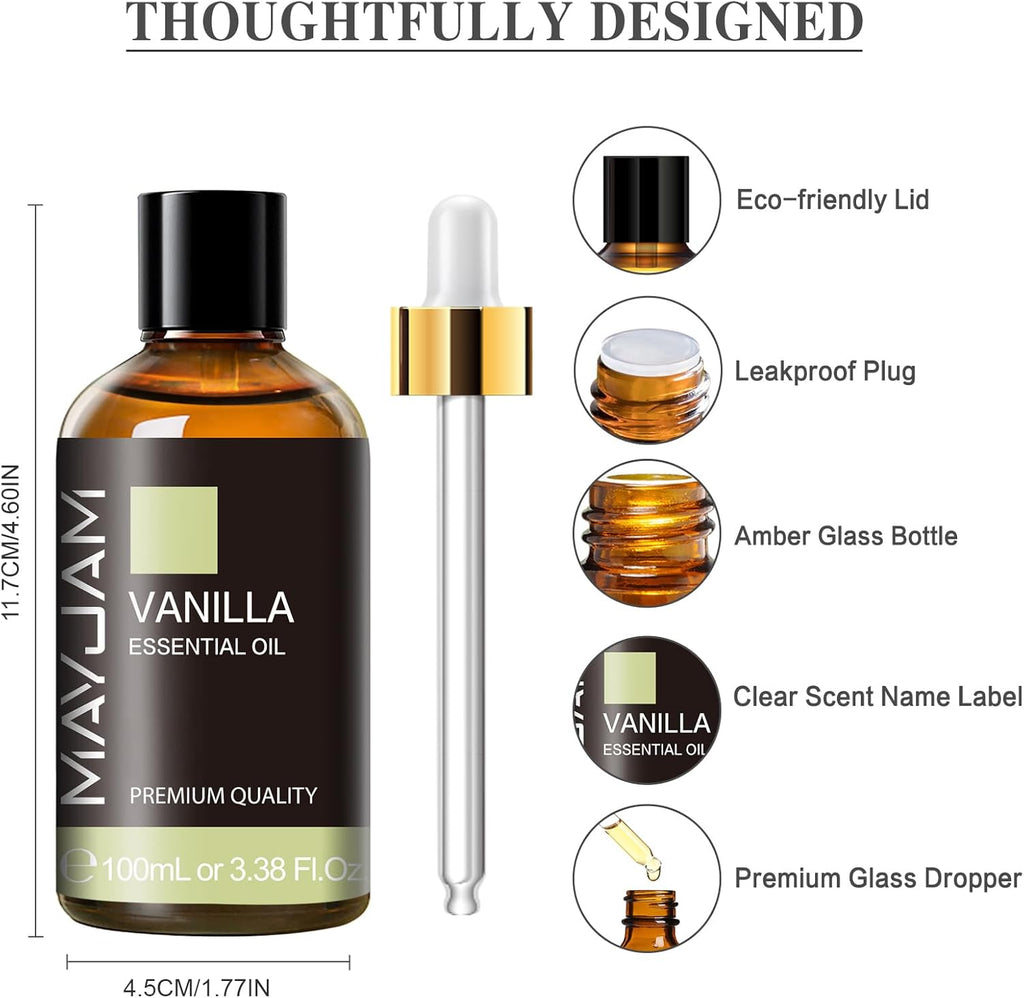 MAYJAM Aceite Esencial De Vainilla 100Ml, Aceite De Vainilla Para Difusor, Humidificador, Bricolaje, Hogar, Armarios