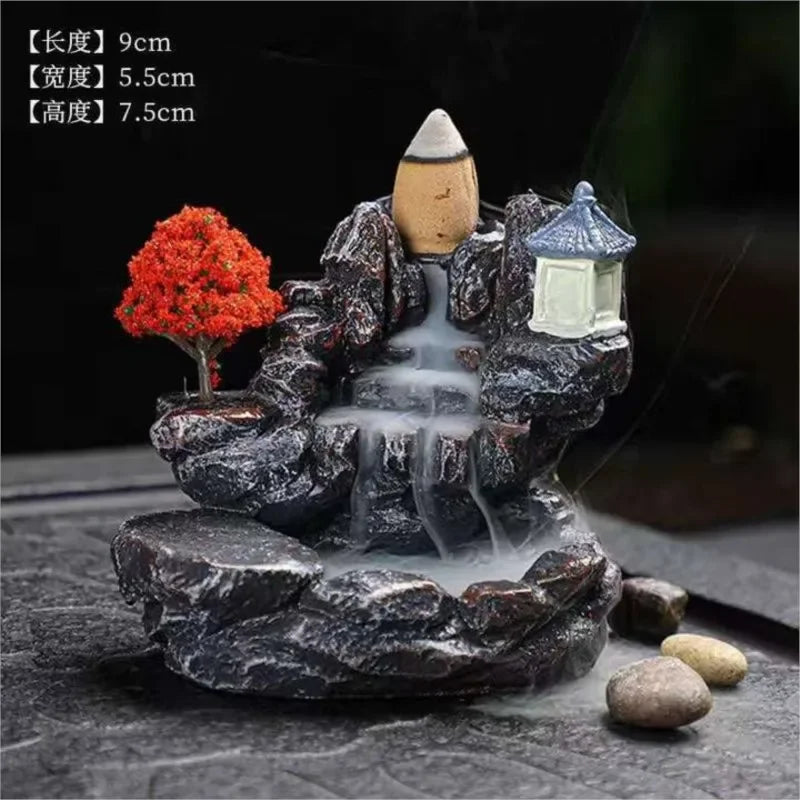 Red Resin Backflow Incense Holder Waterfall Set - Modern Aromatherapy Ornament with Incense Cones-1