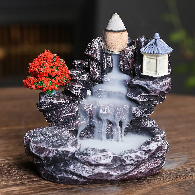 Red Resin Backflow Incense Holder Waterfall Set - Modern Aromatherapy Ornament with Incense Cones-3