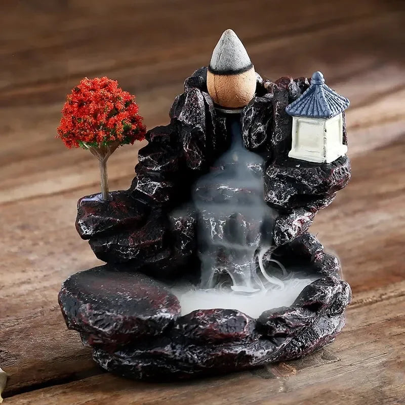 Red Resin Backflow Incense Holder Waterfall Set - Modern Aromatherapy Ornament with Incense Cones-2